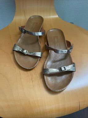 Women's Leather Metallic Bronze Double-Strap Slide Sandals